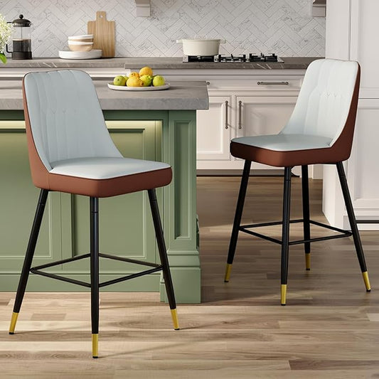 Grey Bar Stools Set of 2,27" Counter Height Bar Stools Set of 2,Faux Leather Counter Stools with Soft Padded Seat & Curved Backrest,Modern Kitchen Island Chairs for Dining Café