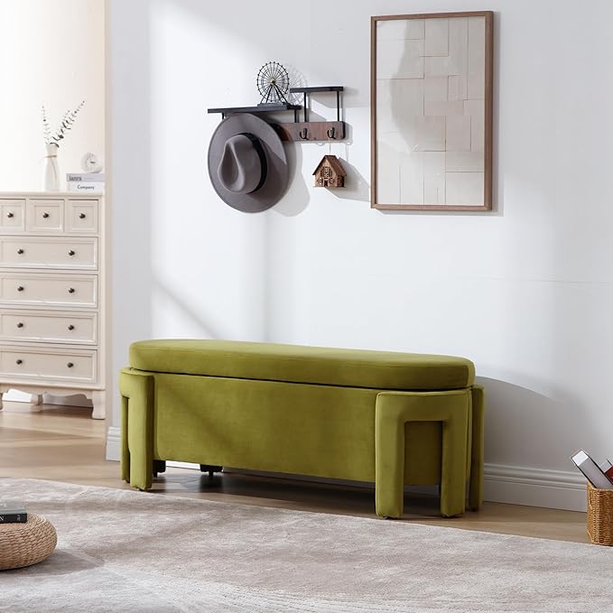 Modern Velvet Ottoman with Storage Entryway Bench for Living Room Comfy Upholstered End of Bed Bench with Safty Hinge for Bedroom/Living Room/Lounge/Corner, Olive