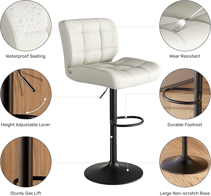 Modern Bar Stools Set of 6, Faux Leather Upholstered Swivel Bar Stools, Adjustable Counter Height Bar Chairs with High Back and Footrest for Kitchen Island (Beige)