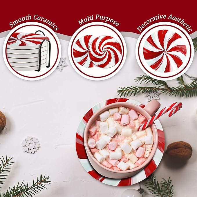 Christmas Drink Absorbent Coasters with Holder Set of 6, Ceramic Stone with Cork Base, Red and White Candy Cane Coaster for Drinks, Gift for Housewarming Room Bar Home Decor Kitchen