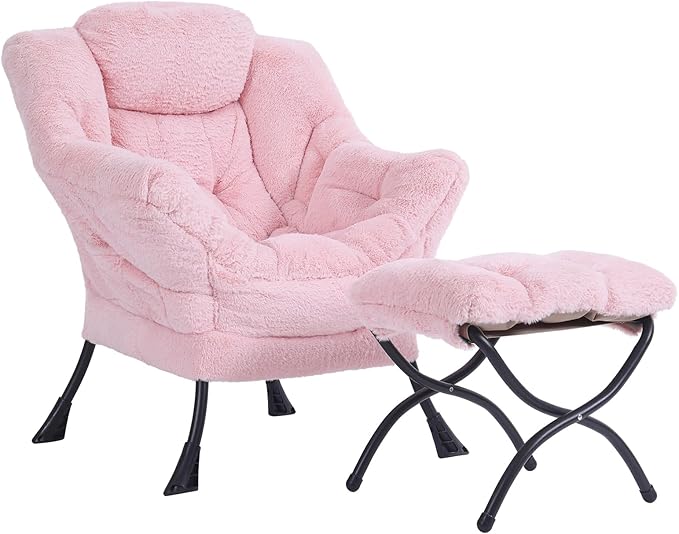 Plush Lazy Chair and Ottoman, Large Contemporary Accent Lounge Chair with Armrests and a Side Pocket, Modern Leisure Upholstered Sofa Reading Armchair with Footrest for Bedroom, Living Room