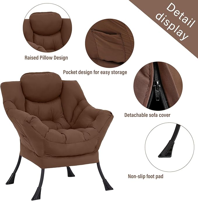 Welnow Lazy Chair with Ottoman, Modern Lounge Accent Armchair with Armrests and a Side Pocket, Leisure Sofa Armchair Set, Reading Chair with Footrest for Small Space, Dark Brown