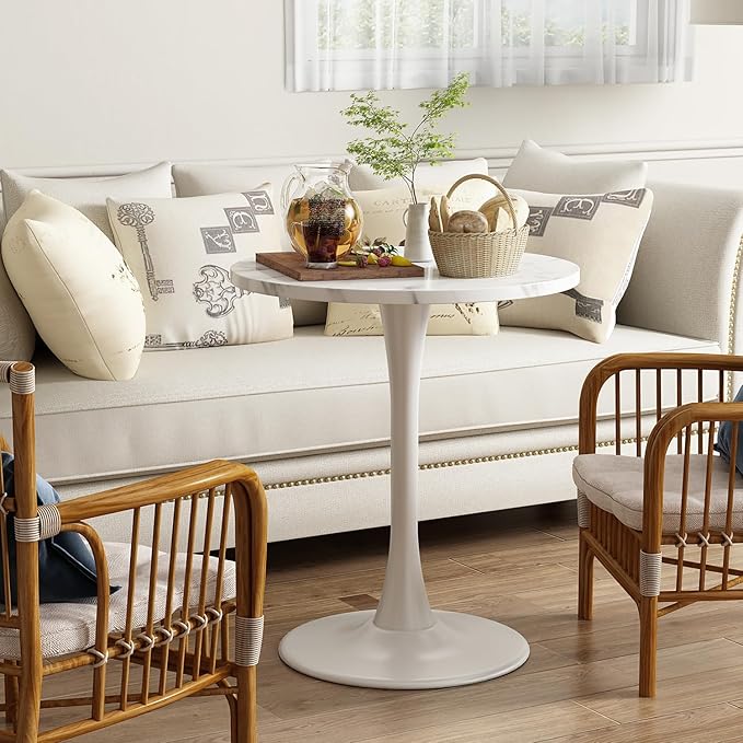 White Round Table Modern Dining Table Marble Texture Tulip Round Kitchen Table Mid Century Coffee Table for Living Room, 24 inch