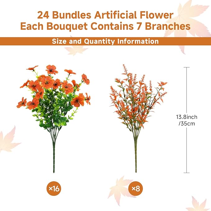 SHareconn 24 Bundles Artificial Fall Flowers for Outdoors Decoration, UV Resistant Silk Eucalyptus Lavender Faux Autumn Fake Plants for Outside Indoor Garden Yard Porch Home Decor, Orange