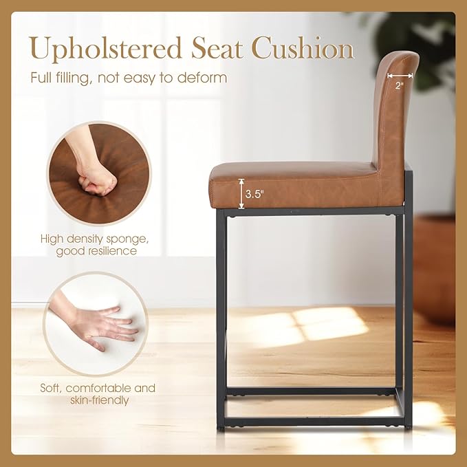 Sophia & William Brown Bar Stools, Counter Height 24" Bar Stools with Back, Modern PU Leather Kitchen Island Bar Chairs,1 Pack