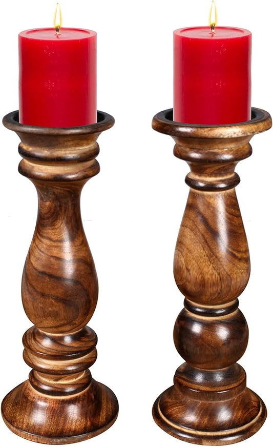 Set of 2 Tall Wooden Candle Holders (12"x4.5") in Rustic Burnt Finish. Perfect for Farmhouse Decor, Mantle, or Table Centerpiece. Holds Pillar Candles. Stylish, Sturdy, and Timeless Charm