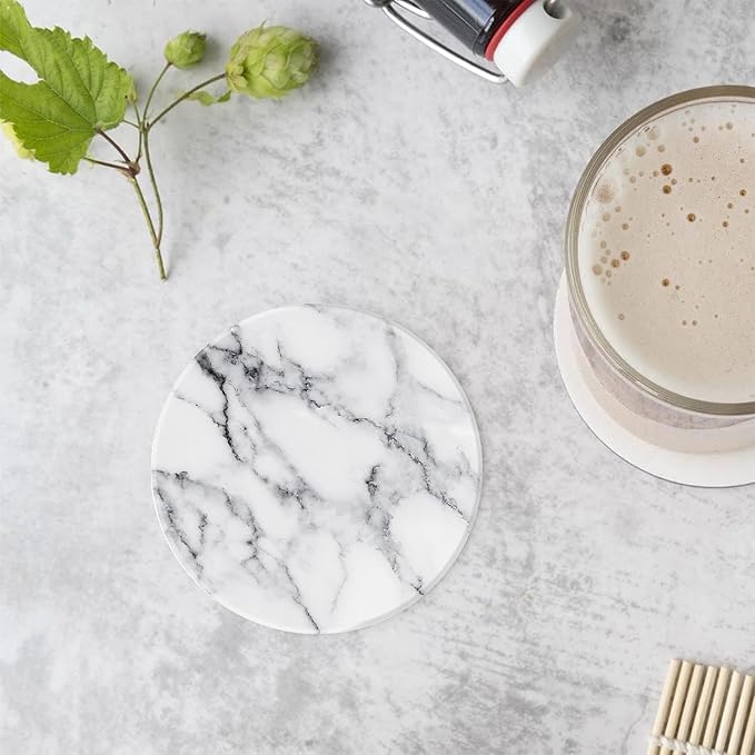 Ceramic Coasters Set of 4 with Holder Round Water Absorbent White Classic Marble Coasters Tabletop Protection,Wine Beer Bar Coasters,Home Decor，4 Inch