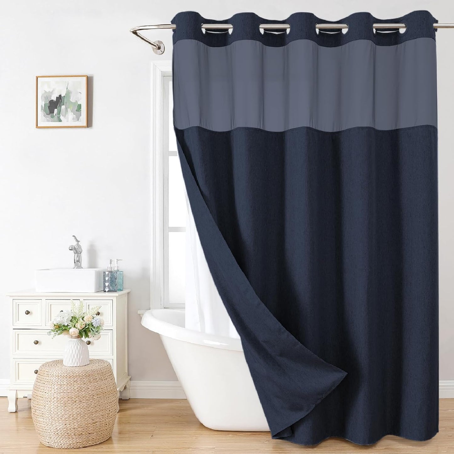 No Hooks Needed Linen Textured Shower Curtain with Snap-in Fabric Liner Set,Hotel Luxury Decor Waterproof Shower Curtains for Bathroom with Mesh Top Window,Washable,71Wx74H,Navy Blue