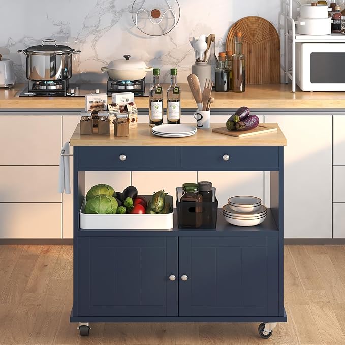 Rolling Kitchen Island with Storage Cabinet, 35.4'' Width Kitchen Cart, 2 Drawers Island Table, Portable Mobile Kitchen Island with Towel Rack, Wood Top and Lockable Wheels, Blue