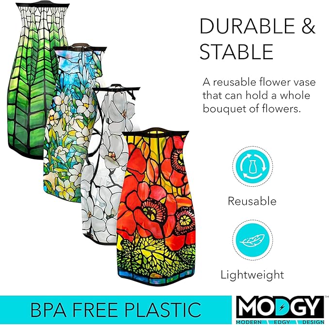 MODGY Expandable Flower Vase Set, Plastic Decorative Modern Foldable Printed Vases for Centerpieces for Wedding, Dining Table, Home Decor, Living Room, Bathroom, Office, Louis C. Tiffany, 4 Pack