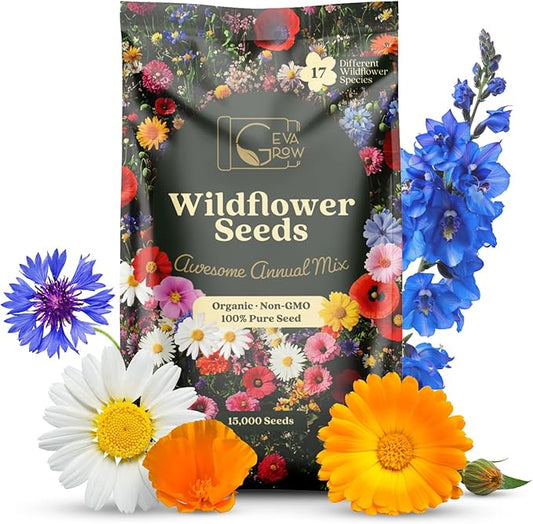 Awesome Annual Wildflower Seeds – 1oz Packet (15,000+ Seeds, Covers 100 Sq Ft) | 18 Easy-Grow Flower Varieties | Organic, Non-GMO | Fast Blooming Garden Mix for Bees, Butterflies & Pollinators