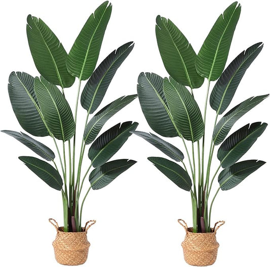 Artificial Bird of Paradise Plants 5Ft Fake Tropical Palm Tree with 10 Trunks in Pot and Woven Seagrass Belly Basket Perfect Faux Plant for Home Indoor Outdoor Office Modern Decor Green 2 set