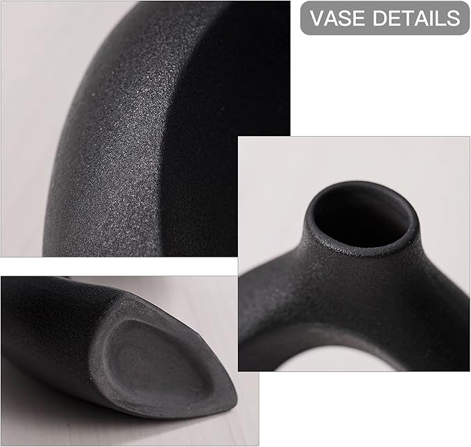 Black Hollow Ceramic Vase Set of 2, Snuggle Round Boho Donut Modern Vase Nordic Minimalist Decorative Vase for Modern Trendy Home Table Centerpiece Decor (W 6.3" X H 8")