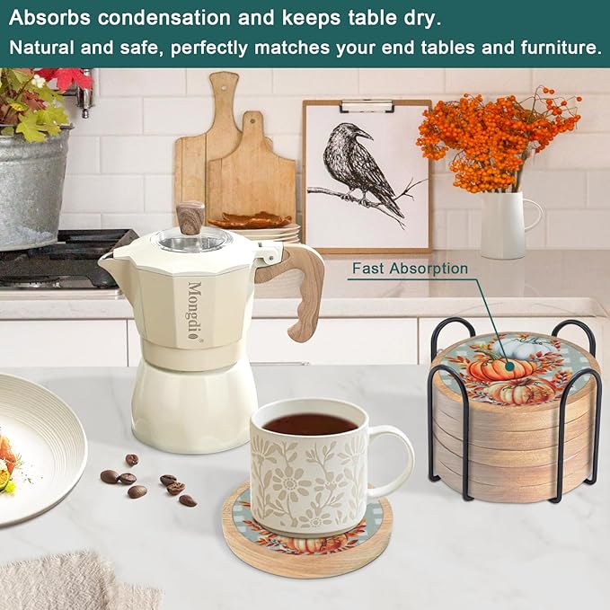 Fall Coasters Set of 6, Pumpkins Coaster, Minacun Absorbent Coasters with Holder Halloween Thanksgiving Themed Party Decoration 4.3 Inch