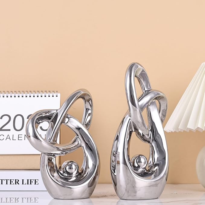 Silver Modern Abstract Art Home Decor Accent,Statues Coffee Table Decor for Living Room,Table Centerpieces for Dining Room,Ceramic Sculptures and Silver Knick Knacks for TV Stand Decor