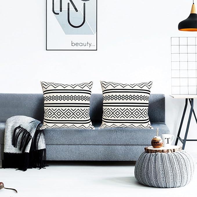 Decorative Throw Pillow Covers Set of 2 Black Boho Pillow Covers 20x20 Inch Throw Pillow Cover Linen Pillowcase Modern Boho Farmhouse Outdoor Pillow Covers for Couch Sofa Bed Living Room