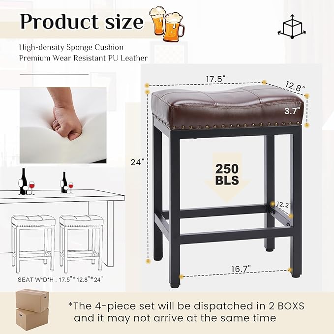 Sweetcrispy Bar Stools Set of 4, 24 Inch Counter Height Stools, PU Leather Upholstered Bar Chairs with Footrest, Modern Bar Stools for Kitchen Island, Dining, Living Room, Modern Brown