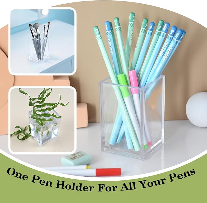 10 Pack Clear Acrylic Pen Holder for Desk, Pencil Cup Makeup Brush Organizer, Square Acrylic Pencil Holders for Office School Home Supplies, Desktop Stationery Organizer for Pens Markers Brushes