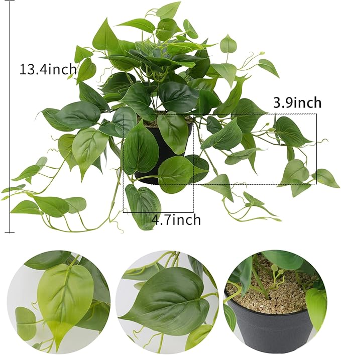 LOYWREE Artificial Scindapsus Aureus Fake Pothos Plants in Black Pots - Realistic Faux Indoor Greenery for Home, Office, Desk, Shelf, Living Room, Bedroom, Balcony, Patio & Garden Decor
