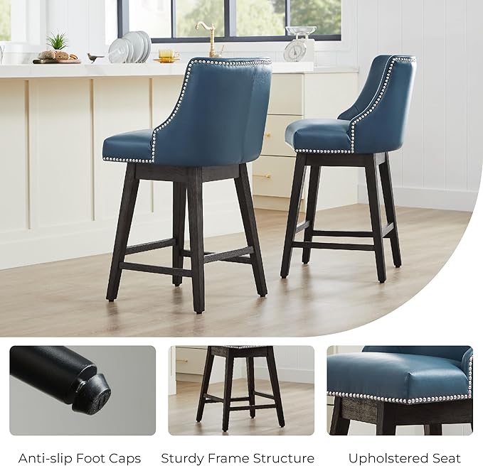 CHITA Counter Height Swivel Bar Stools, FSC Certified Upholstered Counter Stools, Modern Swivel Barstools with Wood Legs for Kitchen Island, 26" Seat Height, Faux Leather in Blue