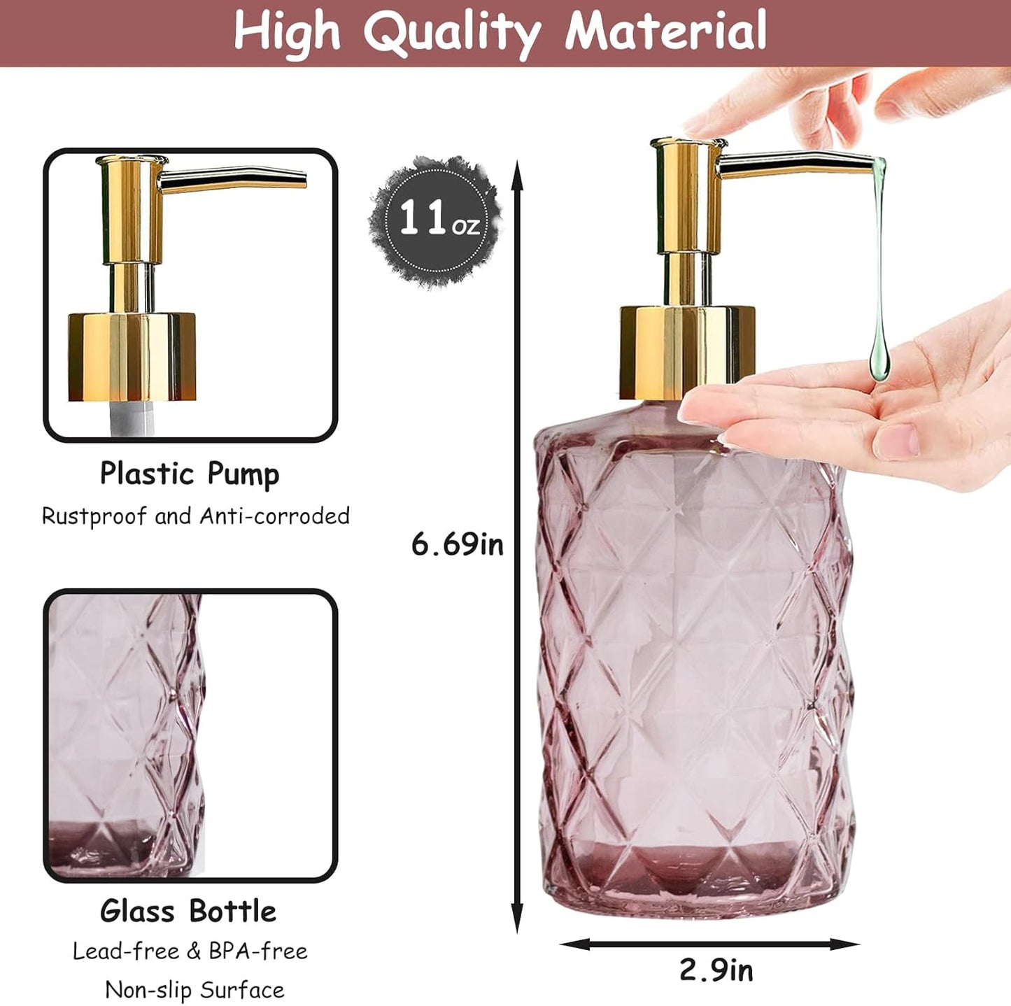 Glass Soap Dispenser with Gold Plastic Pump, 12oz Refillable Liquid Hand Soap Dispenser, 2 Pack Crystal Lotion Bottle for Modern Home Decor, Bathroom, Kitchen Countertop, Hotel