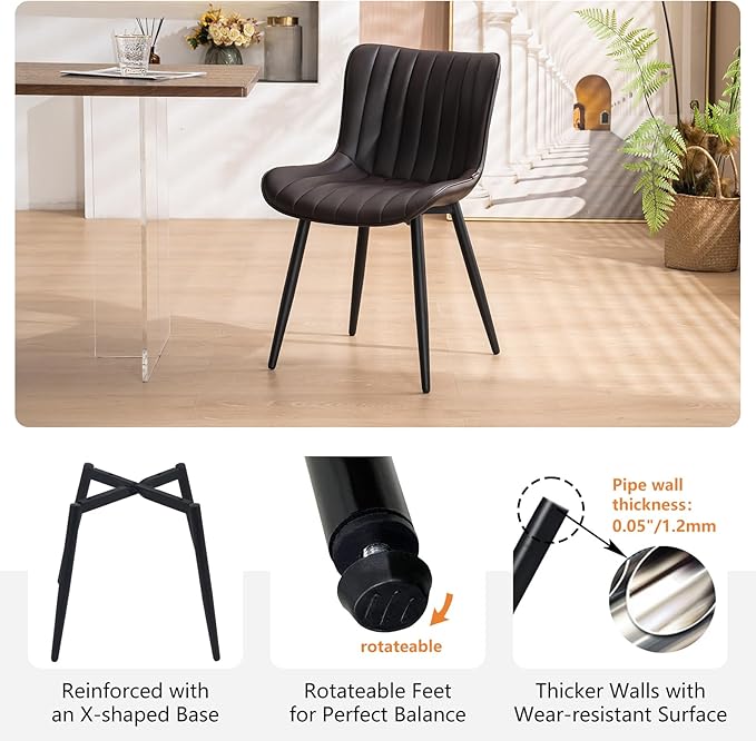 YOUNUOKE Dining Chairs Set of 2 Upholstered Mid Century Modern Kitchen Chair Comfortable Armless Faux Leather Accent Chair with Back for Guest Waiting Reception Living Room, Dark Brown