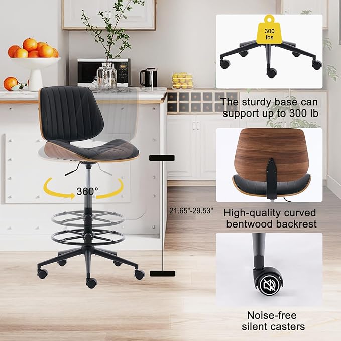 Drafting Home Office Chair, Swivel Desk Chair with Bend Wood Backrest, Ergonomic Office Chairs with Adjustable Height and Footrest Ring for Bar Lab Counter Height Desk and Drawing, Black