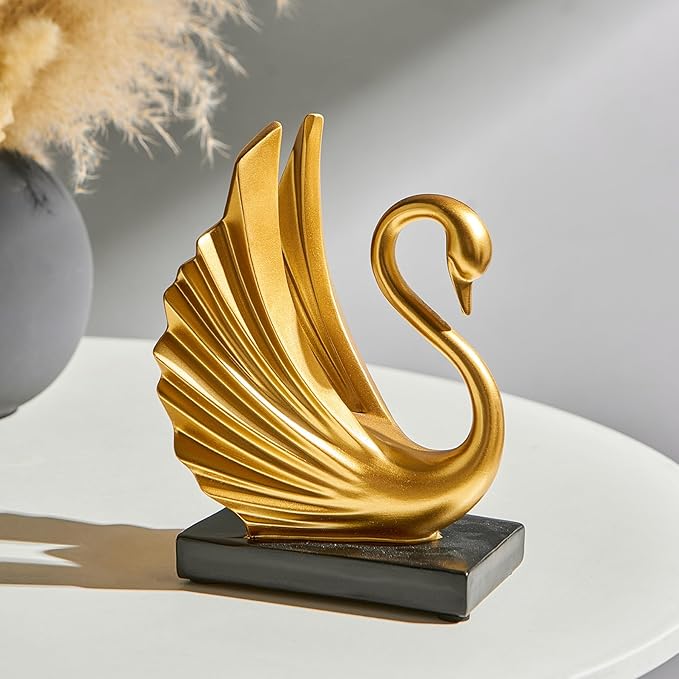 FJS Modern Gold Statue Swan Decor for Living Room, 7.08" H Luxury Sculptures Home Décor Accents for Entryway TV Stand Coffee Table Ceterpiece, Resin Decorations for Dining Room Bedroom Office (Small)