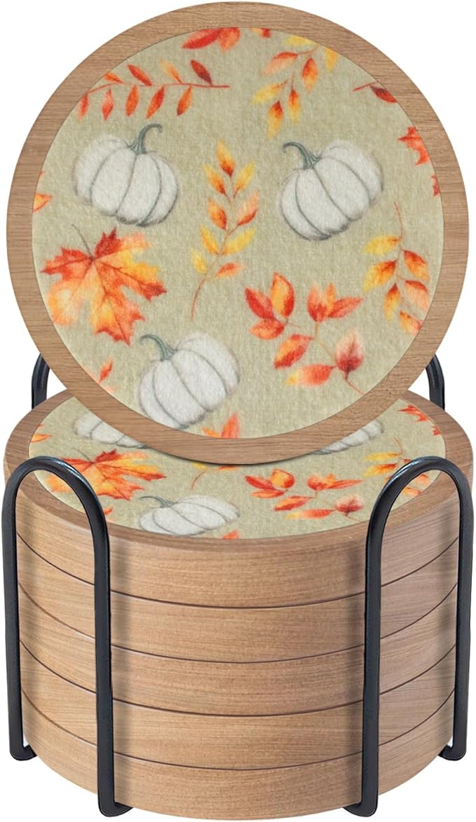 Pumpkins Coaster Set of 6 Cewiru Halloween Coasters for Drinks Absorbent Cup Mats for Table Protection Unique Fall Round Coasters for Coffee Table Kitchen Decor 4.3"