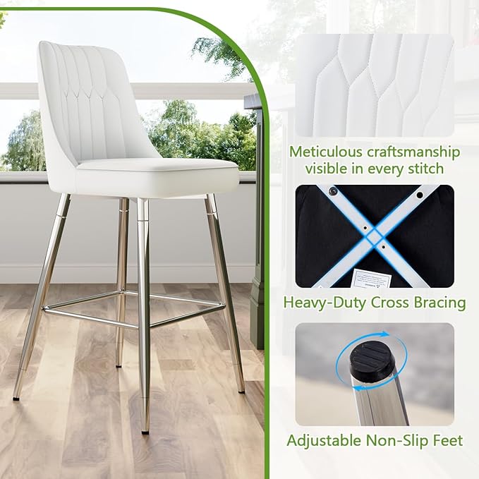 White Bar Stools Set of 2,27" Counter Height Bar Stools Set of 2,Faux Leather Counter Stools with Soft Padded Seat & Curved Backrest,Modern Kitchen Island Chairs for Dining Café