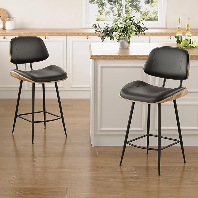 Mid Century Modern Bar Stools Set of 2, PU Leather Counter Height Stools with Walnut Bentwood Back & Metal Legs, 26.7" Barstools Kitchen Island Chairs with Footrest for Home Bars, Black