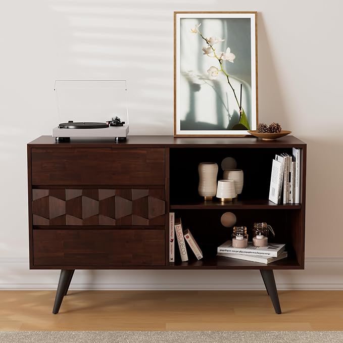 Bme Georgina 45 Inch Solid Wood TV Stand, Under 10 Minutes Assembly Entertainment Center with Storage, Geometric Pattern TV Console for Living Room, Bedroom, Dinning Room - Walnut