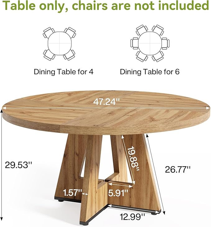 LITTLE TREE Round Dining Table for 4-6 People, 47 Inches with Wooden Pedestal Base, Modern Dinner Table for Dining Room, Kitchen, Living Room