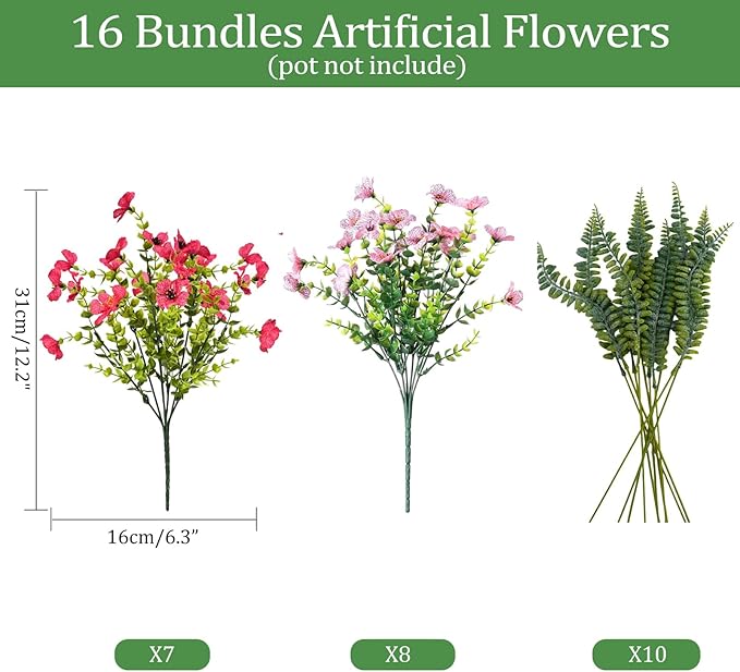 Artificial Faux Plants Flowers Outdoor Decoration,16 Bundles Fake Silk Colorful Daisy Eucalyptus Realistic UV Resistant for Outside Home Planter Porch Patio Yard Decor (red Pink)