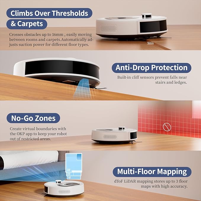 OKP Life LiDAR Robot Vacuum and Mop Combo with 450ml Visible Dustbin, 190° PSD Obstacle Avoidance, Customized Cleaning, Multi-Floor Mapping,150 Mins Runtime, WiFi/Alexa/APP, Good for Pet Hair & Carpet