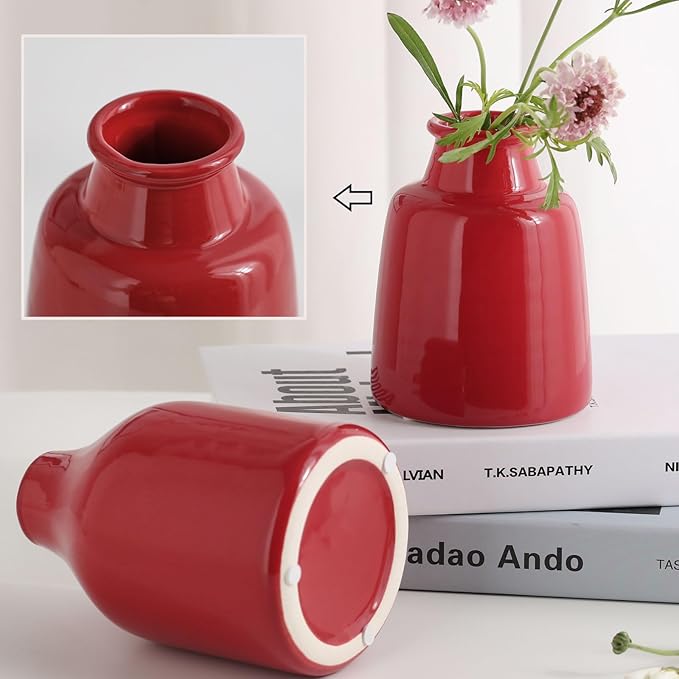 Red Small Vase Set of 3 for Modern Home Decor,Ceramic Vases for Centerpieces Flower Vases for Living Room Wedding/Dinner Table/Party -Red