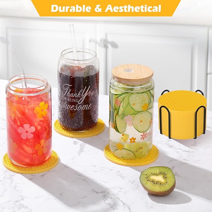 Silicone Coaster Set of 12 with Holder, Drinks Coasters, Beer & Coffee, Suitable for All Cups, Hot or Cold, Anti-Slip, Non-Stick, Anti-Overflow Tabletop Protection and Decor (12 Pcs, Yellow)