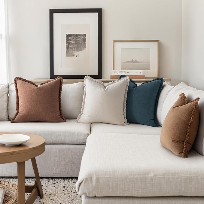 MIULEE Decorative Couch Pillow Covers Neutral Linen Fringe Throw Pillows Set of 4 Modern Rustic Cushions Boho Farmhouse Pillowcases for Bed Sofa Living Room Home Decor 18x18 Inch Beige/Brown/Blue