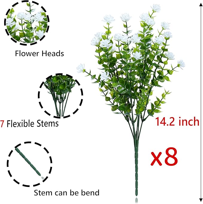SITUMEIZI 8 Bundles White Artificial Flowers Outdoor Fake Flower Plastic UV Resistant Shrubs Greenery Plants Hanging Decorations Garden Porch Window Box Farmhouse Outside Summer Indoor Decor