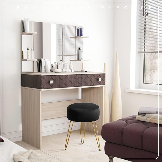 LUE BONA Vanity Stool, Black Vanity Stools for Makeup Room, Round Ottoman Foot Stool, Velvet Footrest Vanity Chair for Bathroom Vanity, Bedroom, Living Room, Entryway, Offices