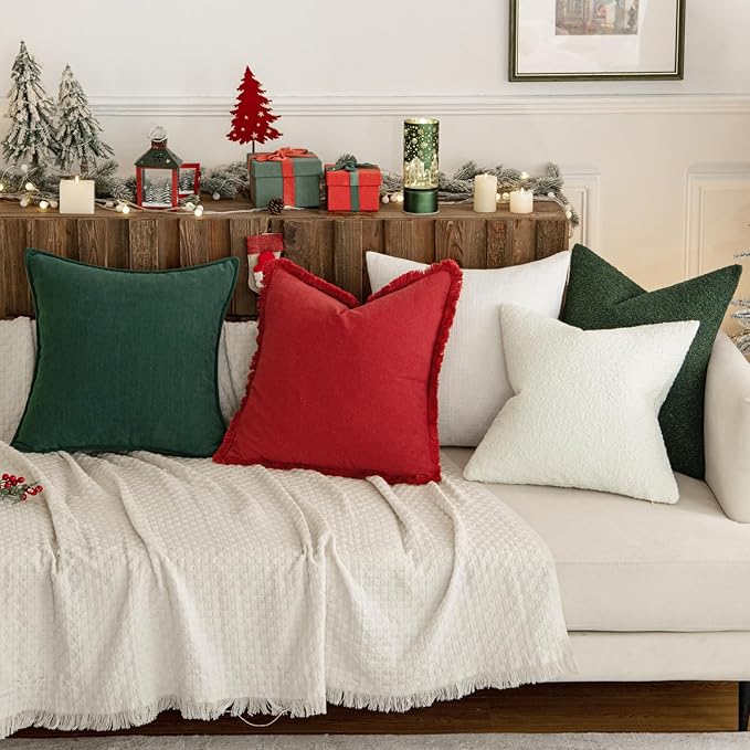 MIULEE Christmas Decorative Throw Pillow Covers Neutral Linen Fringe Throw Pillows Set of 2 Red Boho Farmhouse Cushion Covers with Tassels for Couch Sofa Bed Living Room Spring Home Decor 18x18 Inch