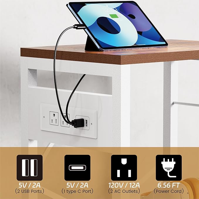 End Table with LED Light,Record Player Stand with Charging Station,Vinyl Records Storage,Turntable Stand Albums Storage for Music Room Studio-Industry White