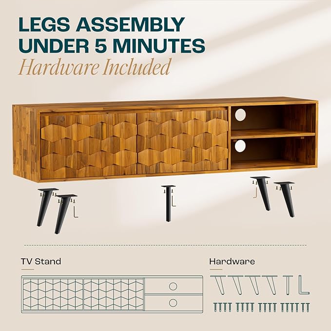 Bme Georgina Solid Wood, 10 Minutes Assembly Entertainment Center with Storage Geometric Pattern Console for Living, Bedroom, Dining Room, TV Stand 65 Inch, Teak Brown