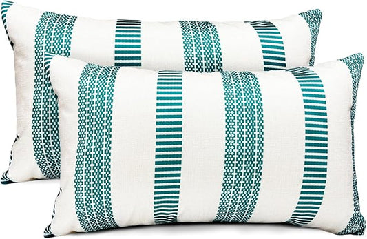 Decorative Throw Pillow Covers Set of 2 Teal Blue Boho Striped Pillow Covers 12x20 Inch Throw Pillow Cover Linen Pillowcase Farmhouse Outdoor Pillow Covers for Couch Sofa Bed Living Room