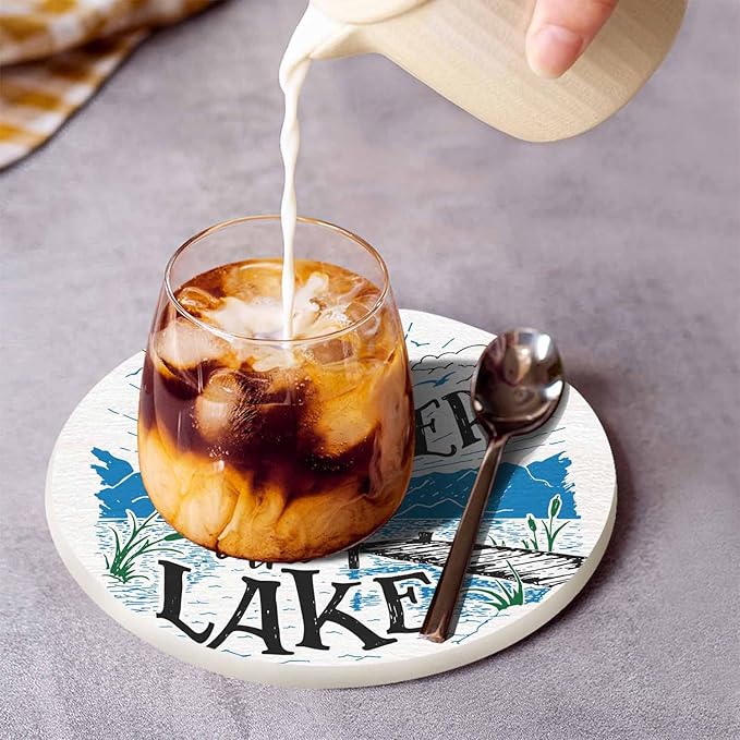 Life is Better at The Lake Drink Coaster for Tabletop Protection House Lakeside Sketch Rustic Living Cottage Holiday Non-Slip Cups Place Mats Home Decor Diatomite Material for Men Women