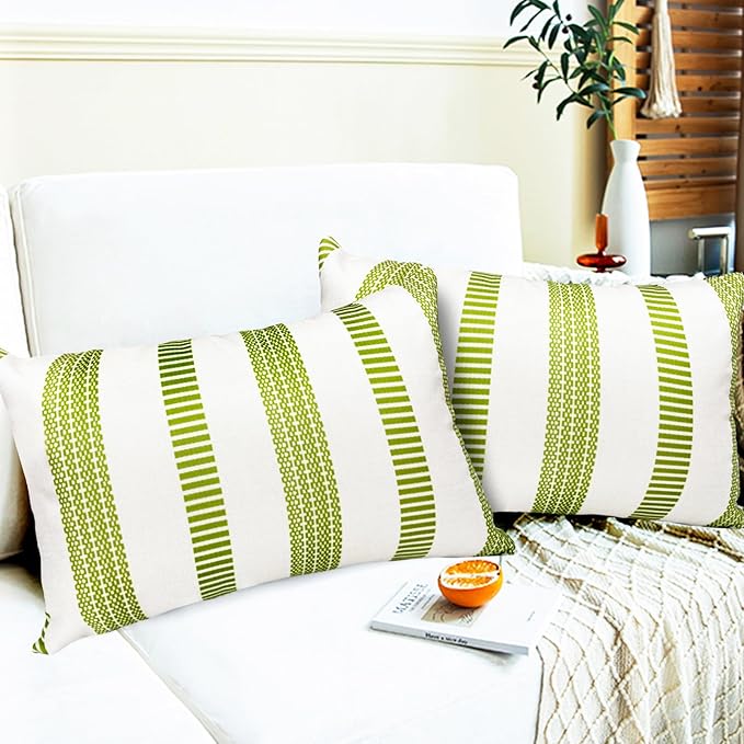 Decorative Throw Pillow Covers Set of 2 Grass Green Boho Striped Pillow Covers 12x20 Inch Throw Pillow Cover Linen Pillowcase Farmhouse Outdoor Pillow Covers for Couch Sofa Living Room