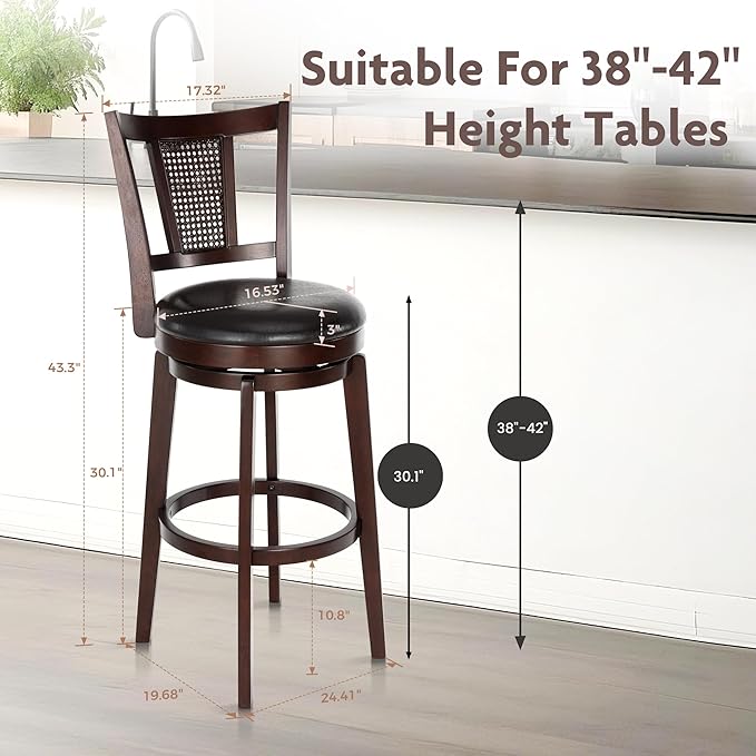 ALPHA HOME Swivel Bar Stools Set of 2, Kitchen Stools with Backs, 30 Inch Wooden Bar Stools, 360 Degrees Swivel Chair with Upholstered, Wrap-Around Footrest Counter Chair, Dark Brown