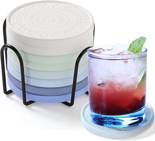 Photect Diatomaceous Earth Coasters Set with Holder Absorbent Stone Drink Coasters Instant Drying Tray for Tabletop Protection Home Decoration Housewarming Gift(Blue,8 Pcs)
