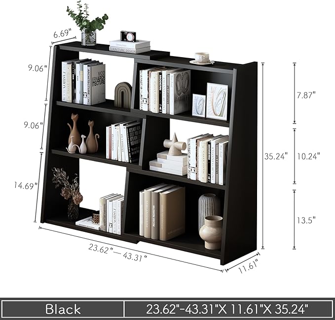 IOTXY Wooden Extendable Shelf Bookcase - 3-Tier Ladder Low Short Bookshelf for Small Space or Corner, Black, S