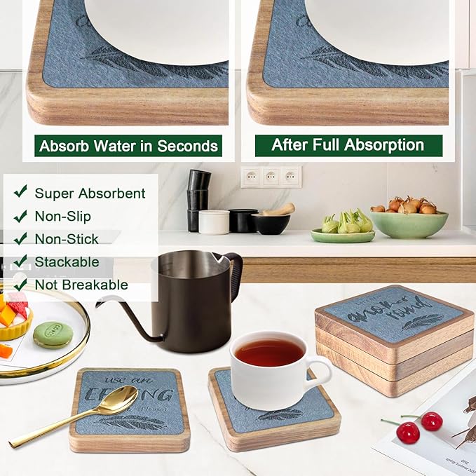 Wooden Coasters for Drinks, EDEGG Absorbent Coaster Sets of 5, Square Drinks Coasters for Coffee Tabletop Protection, Non-Slip, Non-Stick, Suitable for Kinds of Cups, Hot or Cold Drink 4.1 Inches Gray